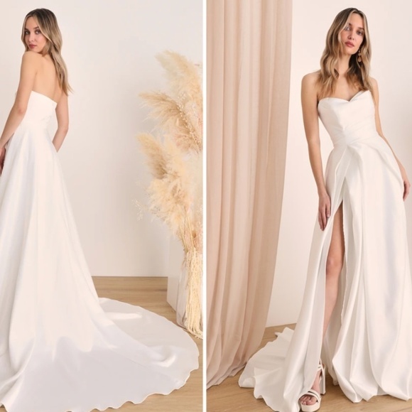 LULUS Bridal Wedding Elegant Sophisticated Sexy Romantic Satin Ballgown - Picture 3 of 4